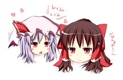  2girls bat_wings bow brown_eyes brown_hair chigaunsuyo commentary_request grey_hair hairbow hakurei_reimu hat multiple_girls no_humans red_eyes remilia_scarlet rioshi short_hair touhou wings yukkuri_shiteitte_ne 