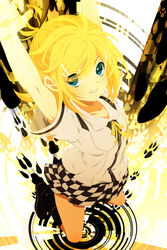  aqua_eyes armpits arms_up blonde_hair boots casual checkered_clothes checkered_skirt commentary_request female from_above hair_ornament hairclip kagamine_rin kaze-hime kneeling looking_up photoshop_(medium) ribbon school_uniform serafuku short_hair skirt smile solo tiger_rampage_(vocaloid) vocaloid 