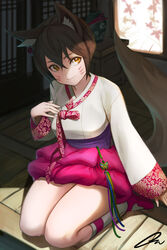  absurdres ahri_(league_of_legends) animal_ears architecture arm_at_side black_hair breasts brown_hair closed_mouth commentary_request dynasty_ahri east_asian_architecture facial_mark female fox_ears fox_tail gomusin hair_between_eyes hair_ornament hair_stick hanbok highres indoors kneehighs korean_clothes korean_commentary leaf leaf_print league_of_legends long_sleeves looking_at_viewer looking_away looking_to_the_side maple_leaf medium_breasts official_alternate_costume oz_(gerbera7) photoshop_(medium) pink_footwear sash seiza shade shoes short_hair signature sitting socks solo table tail vase whisker_markings white_socks wooden_floor yellow_eyes 