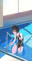  amagami bad_id bad_pixiv_id black_eyes black_hair competition_swimsuit female guratan highres nanasaki_ai one-piece_swimsuit pool short_hair solo swimsuit water 