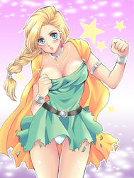  armlet bianca_(dq5) blonde_hair blue_eyes blush bracelet braid breasts cape choker cleavage commentary_request defense_zero dragon_quest dragon_quest_v dress female jewelry large_breasts long_hair open_mouth panties single_braid solo star_(symbol) sweat torn_clothes underwear 