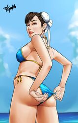  adjusting_panties ass bikini brown_hair bun_cover capcom chun-li earrings female female_only human radprofile solo standing street_fighter 