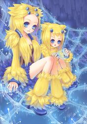  2girls bachuru blonde_hair blue_eyes breasts cleavage denchura dress frown galvantula gijinka hair_ornament joltik leg_warmers long_hair moemon multiple_girls open_mouth personification pokemon pokemon_(game) pokemon_black_and_white pokemon_bw sleeves_past_wrist sleeves_past_wrists spider_web web 