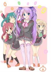  4girls bad_id bad_pixiv_id blonde_hair blue_eyes brown_eyes brown_hair closed_eyes extra green_eyes green_hair kawagoe_rei little_busters! little_busters!_school_uniform long_hair multiple_girls nakamura_yukari_(little_busters!) natsu_(norari_kurari) plaid plaid_skirt purple_hair sasasegawa_sasami school_uniform side_ponytail skirt thighhighs twintails watanabe_sakiko 