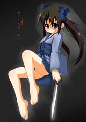  :&lt; bad_id bad_pixiv_id barefoot black_hair blood blue_eyes blush commentary_request cuts feet female frown hair_ribbon houchou-san_no_uwasa injury knife long_hair long_sleeves misspromise ribbon sashimi_houchou-san solo twintails 