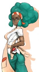  apron ass big_hair breasts commentary_request dark-skinned_female dark_skin female green_eyes green_hair hairband hand_on_own_hip highres holding holding_poke_ball lenora_(pokemon) lipstick looking_at_viewer madarame makeup medium_breasts pants poke_ball poke_ball_(basic) pokemon pokemon_bw shadow short_sleeves sidelocks smile solo transparent_background very_dark_skin 