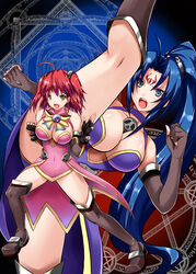  2girls :o alice_wishheart alternate_costume black_legwear blue_eyes blue_hair boots bow breasts cleavage commentary_request fingerless_gloves gloves green_eyes high_kick highres kicking kneepits large_breasts leg_up legs long_hair magic_circle magical_halloween md5_mismatch multiple_girls pentagram photoshop_(medium) red_hair rosemary_bergamot short_hair smile split standing standing_on_one_leg standing_split thighs two_side_up yellow_bow yuki_mizore 