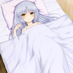  angel_beats! blue_hair blush commentary_request female kanna_asuke long_hair lying on_back open_mouth pillow solo tachibana_kanade yellow_eyes 