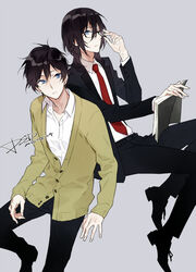  2boys black_hair blue_eyes commentary_request dated dual_persona glasses hori-san_to_miyamura-kun katagiri_senior_high_school_uniform long_hair male_focus miyamura_izumi multiple_boys necktie psd_(psdgai) red_necktie school_uniform 