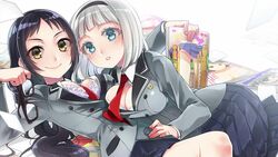  2girls anna_nishikinomiya black_hair blazer blue_eyes blush bra breasts cleavage end_card glasses hairband jacket kajou_ayame koruri large_breasts lying magazine_(object) medium_breasts multiple_girls necktie on_back open_clothes parted_lips purple_bra school_uniform shimoneta_to_iu_gainen_ga_sonzai_shinai_taikutsu_na_sekai short_hair smile underwear unworn_eyewear white_bra white_hair yellow_eyes 