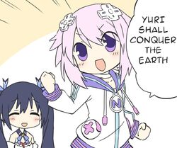  2girls :d ^_^ asortofcolorfag black_hair blush chibi choker clenched_hand closed_eyes collarbone commentary_request detached_collar english_text hair_ornament long_hair long_sleeves meme multiple_girls neptune_(neptunia) neptune_(series) noire_(neptunia) open_mouth parody pocket purple_eyes purple_hair short_hair smile solo_focus sono_hanabira_ni_kuchizuke_wo speech_bubble talking twintails upper_body v-shaped_eyebrows very_long_hair yuri_shall_conquer_the_earth 