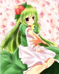  blush crown doredia dress female flower gijinka green_hair lilligant long_hair moemon open_mouth personification petals pokemon pokemon_(game) pokemon_black_and_white pokemon_bw red_eyes sitting solo 