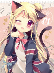  ;d animal_ears animal_pose bad_id bad_pixiv_id blonde_hair blush cat_ears cat_tail female hair_ornament hairclip kin-iro_mosaic kujou_karen long_hair moegi_high_school_uniform oerba_yun_fang one_eye_closed open_mouth paw_pose purple_eyes school_uniform shiratama_(shiratamaco) smile solo tail union_jack x_hair_ornament 