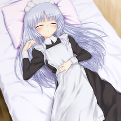  angel_beats! blue_hair blush closed_eyes commentary_request female kanna_asuke long_hair maid sleeping solo tachibana_kanade 