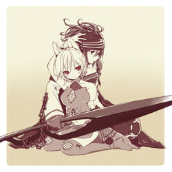  2girls alternate_costume animal_ears bad_id bad_pixiv_id bare_shoulders chains choker collarbone fishnet_legwear fishnets gloves goldov_auora helmet holding holding_sword holding_weapon kneeling looking_at_viewer monochrome multiple_girls nachetanya_loei_piena_augustra navel rabbit_ears red_eyes rokka_no_yuusha sepia side_slit simple_background smile spot_color sword thighhighs toko_(pixiv15317402) weapon zettai_ryouiki 