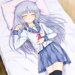  angel_beats! blue_hair blush closed_eyes commentary_request female kanna_asuke long_hair school_uniform serafuku sleeping solo tachibana_kanade thighhighs 