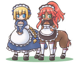  blonde_hair blue_eyes braid centaur centauress chibi dark_skin green_eyes head_dress headdress hooves maid monster_girl onmitsu_doushin_a ponytail red_hair thighhighs 