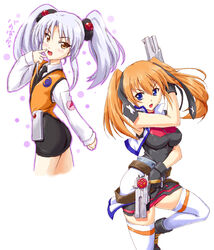  2girls blue_eyes blue_hair catchphrase commentary_request cross_mirage dual_wielding gloves gun halhal holding hoshino_ruri kidou_senkan_nadesico long_hair looking_back lyrical_nanoha mahou_shoujo_lyrical_nanoha_strikers military military_uniform multiple_girls orange_hair pencil_skirt photoshop_(medium) skirt teana_lanster thighhighs twintails uniform weapon yellow_eyes 