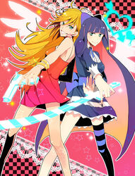  2girls angel_wings bad_id bad_pixiv_id blonde_hair blue_eyes blue_hair bow dress earrings gun hairbow jewelry long_hair multiple_girls panty_&amp;_stocking_with_garterbelt panty_(psg) red_dress sei_(hanibani) siblings single_thighhigh sisters smile stocking_(psg) striped_clothes striped_thighhighs sword thighhighs very_long_hair weapon wings 