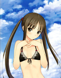  absurdres bare_shoulders black_bra blue_sky bra brown_eyes brown_hair cloud day fault!! female flat_chest front-tie_top frown hands_on_own_chest head_tilt highres lingerie long_hair petite photoshop_(medium) scan sky solo sugiyama_mio tony_taka twintails underwear upper_body 