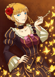  bad_id bad_pixiv_id beatrice_(umineko) blonde_hair blue_eyes bow breasts bug butterfly choker dress female flower hair_flower hair_ornament hand_on_own_hip kiseru large_breasts pink_bow red_flower red_rose rose seven_(11) smoking_pipe solo umineko_no_naku_koro_ni yellow_butterfly 