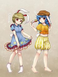  2girls animal_ears barefoot blonde_hair blue_dress blue_hair commentary_request cosplay costume_switch crop_top dress earclip flat_cap floppy_ears hat kine long_hair mallet midriff multiple_girls navel orange_shirt rabbit_ears rabbit_tail red_eyes ringo_(touhou) ringo_(touhou)_(cosplay) seiran_(touhou) seiran_(touhou)_(cosplay) shirt short_hair short_sleeves skirt smile socks tail touhou ys_(fall) 