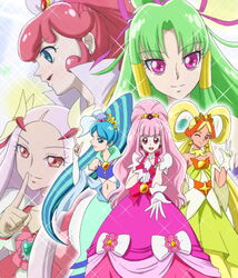  6+girls :d aqua_hair bare_shoulders beads blue_eyes blue_hair bow breasts brooch chieri_(go!_princess_precure) commentary_request crop_top cure_empress cure_flower cure_mirage detached_collar detached_sleeves dokidoki!_precure dress earrings finger_to_mouth gloves go!_princess_precure green_hair grin hair_bun hair_ornament hair_ribbon hair_rings hair_tubes hanasaki_kaoruko happinesscharge_precure! heart heartcatch_precure! high_ponytail index_finger_raised jewelry light_purple_hair light_smile long_hair looking_at_viewer low_twintails magical_girl midriff moritakusan multicolored_hair multiple_girls narrow_waist navel one_eye_closed open_mouth orange_eyes orange_hair outstretched_hand pink_eyes pink_hair ponytail precure previous_cure_flora previous_cure_mermaid previous_cure_twinkle profile purple_eyes queen_mirage ribbon seashell sei_(go!_princess_precure) shawl shell shell_hair_ornament sidelocks single_hair_bun sleeves_past_wrists small_breasts smile sparkle spoilers star_(symbol) star_earrings streaked_hair tan twintails two-tone_hair very_long_hair wavy_hair yura_(go!_princess_precure) 