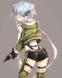  ass black_shorts blue_eyes blue_hair commentary_request female glock grey_background gun handgun headgear holding holding_gun holding_weapon looking_at_viewer looking_back makie_fujiyuki short_hair shorts simple_background sinon solo sword_art_online weapon 