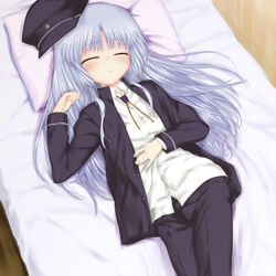  angel_beats! blue_hair blush closed_eyes commentary_request cosplay crossdressing female kanna_asuke long_hair naoi_ayato naoi_ayato_(cosplay) school_uniform sleeping solo tachibana_kanade 