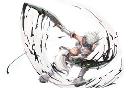  blue_eyes breasts cleavage commentary_request dual_wielding female highres holding horns kirin_(armor) medium_breasts midriff monster_hunter_(character) monster_hunter_(series) norihiro_(tsu-mukimuki) profile short_hair simple_background single_horn solo sword weapon white_background white_hair 