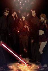  4boys commentary_request crop_top deco_(geigeki_honey) energy_sword female gintama highres japanese_clothes kawakami_bansai kijima_matako midriff multiple_boys nizou_okada sunglasses sword takasugi_shinsuke takechi_henpeita weapon 