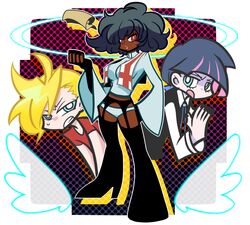  2boys black_hair blonde_hair blue_eyes brothers dark-skinned_female dark_skin garterbelt_(character) heels high_heels multicolored_hair multiple_boys no_pants open_mouth panty_&amp;_stocking_with_garterbelt panty_(character) panty_(psg) pink_hair priest purple_hair red_eyes rule_63 shoes siblings stocking_(character) stocking_(psg) sweat two-tone_hair two_tone_hair wings 