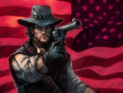  1boy american_flag bandolier beard boyaking commentary_request cowboy cowboy_hat cowboy_western facial_hair flag_background gloves gun handgun hat john_marston male_focus photoshop_(medium) red_dead_redemption revolver scar solo star_(symbol) upper_body weapon 