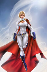  belt blonde_hair blue_eyes blue_sky bodysuit boots breasts brett_booth cape cleavage cleavage_cutout clothing_cutout collaboration dc_comics female flying gloves large_breasts photoshop_(medium) power_girl realistic short_hair signature sinhalite sky solo superhero_costume superman_(series) toned unitard white_unitard 