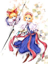  absurdres alice_margatroid ascot bad_id bad_pixiv_id blonde_hair blue_eyes capelet doll dress female hairband highres long_hair noah_(yakumo3903) open_mouth polearm ribbon shanghai_doll short_hair smile touhou weapon 