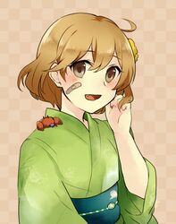  bad_id bad_pixiv_id bandages brown_eyes brown_hair crab crab_on_shoulder female green_kimono japanese_clothes kantai_collection kimono oboro_(kancolle) oerba_yun_fang pomuta_(tama922) short_hair smile solo yukata 