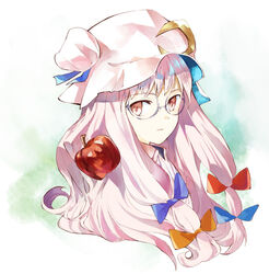  apple bespectacled commentary_request crescent crescent_hat_ornament expressionless female food fruit glasses hat hat_ornament long_hair ogawa_maiko patchouli_knowledge pink_hair red_eyes solo staring touhou upper_body 