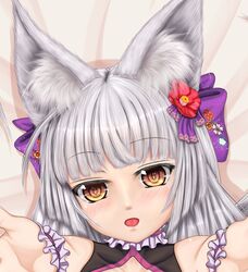  animal_ears bad_id bad_pixiv_id female fox_ears grey_hair long_hair lying orange_eyes original slit_pupils solo tenyoshi_(briansept) 