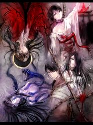  4girls absurdres bad_id bad_pixiv_id black_hair blood breasts brown_eyes brown_hair bug butterfly eclipse fatal_frame fatal_frame_1 fatal_frame_2 fatal_frame_3 fatal_frame_4 haibara_sakuya highres himuro_kirie japanese_clothes kimono koko_(oyasuminasai) kurosawa_sae large_breasts long_hair mask mole moon multiple_girls oni_mask painttool_sai_(medium) rope shadow shimenawa short_hair snake string string_of_fate tattoo tears torii yukishiro_reika 