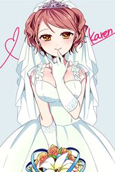  bouquet breasts brown_eyes brown_hair commentary_request dress earrings elbow_gloves female flower gloves hair_up hojo_karen idolmaster idolmaster_cinderella_girls jewelry large_breasts smile solo tiara veil wedding_dress wemu_(ivycrown) white_dress white_gloves 