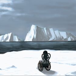  absurdres black_hair blue_sky commentary_request day dress female glacier highres ice long_hair long_sleeves ocean ohc. original outdoors sitting sky snow solo wheelchair white_dress winter 