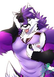  absurd_res anthro biceps black_hair black_nose blue_eyes canid canine canis clothing ear_piercing fox fur hair hi_res hybrid looking_at_viewer male mammal meme meme_clothing muscular muscular_anthro muscular_male nipple_zipper nipples oleola123 one_eye_closed pecs piercing purple_body purple_fur purple_hair shyloc simple_background smile solo tongue tongue_out top_tank_meme white_background white_body white_fur wink wolf 