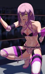  absurdres bad_id bad_pixiv_id bare_shoulders boots breasts cleavage commentary_request female fingerless_gloves gloves highres ibuki_imina long_hair looking_at_viewer medium_breasts open_mouth purple_gloves purple_hair school_girl_strikers shigatsugata skindentation solo squatting teeth wrestling_outfit wrestling_ring yellow_eyes 