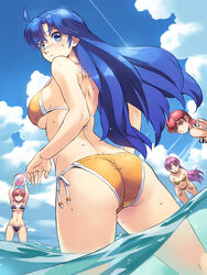  4girls amu_yoshuna_brand animal_print asou_yuuko ass ball beachball bikini blue_eyes blue_hair breasts cloud cloudy_sky contrail day hands_on_own_thighs kirishima_reiko large_breasts lena_brand long_hair looking_back medium_breasts mugen_senshi_valis multiple_girls navel outdoors photoshop_(medium) pink_hair print_bikini red_hair short_hair side-tie_bikini_bottom skindentation sky strap_gap string_bikini swimsuit tiger_print uchiu_kazuma underboob valis_iv wading water wet white_tiger_print 