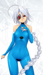  absurdres ahoge bare_shoulders blazblue braid commentary_request crotch_plate eyepatch female hell_machina highres long_hair nail_polish nu-13 photoshop_(medium) unitard very_long_hair white_hair 