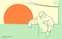  2017 anthro apple_inc. balcony benji_(mainlion) big_muscles bottomwear cellphone cigarette closed_eyes clothing clouded_leopard electronics felid huge_muscles hyper hyper_muscles iphone male mammal markings muscular muscular_anthro muscular_male pantherine phone purrcules_(artist) shirt shorts smartphone smoking solo sunset text topwear url 