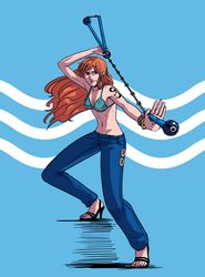  bangle bikini bikini_top_only bracelet clima-tact commentary_request compass denim earrings female feriowind high_heels jeans jewelry log_pose long_hair nami_(one_piece) one_piece orange_hair pants sandals shoes simple_background solo swimsuit tattoo weapon 