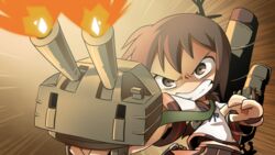  backpack bag brown_eyes brown_hair cannon clenched_teeth coffgirl commentary emphasis_lines english_commentary female fire firing fubuki_(kancolle) fubuki_kai_ni_(kancolle) kantai_collection motion_lines solo teeth turret 