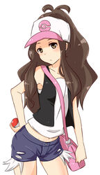  brown_hair commentary_request exposed_pocket female hat hilda_(pokemon) holding holding_poke_ball long_hair michigan poke_ball poke_ball_(basic) pokemon pokemon_bw shorts solo 