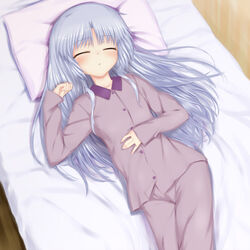  angel_beats! blue_hair blush closed_eyes commentary_request female kanna_asuke long_hair pajamas sleeping solo tachibana_kanade 